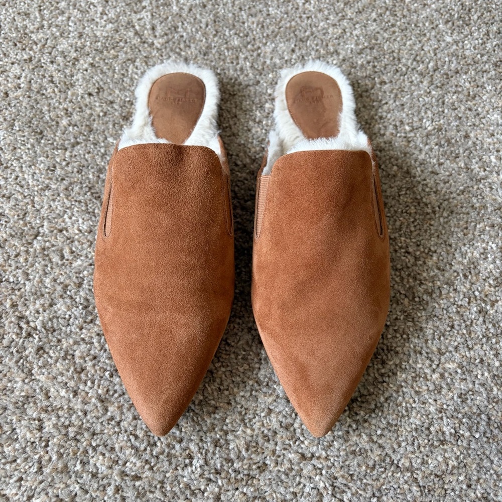 Marc Fisher Tan Suede Pointed-Toe Faux Fur Lined Mules